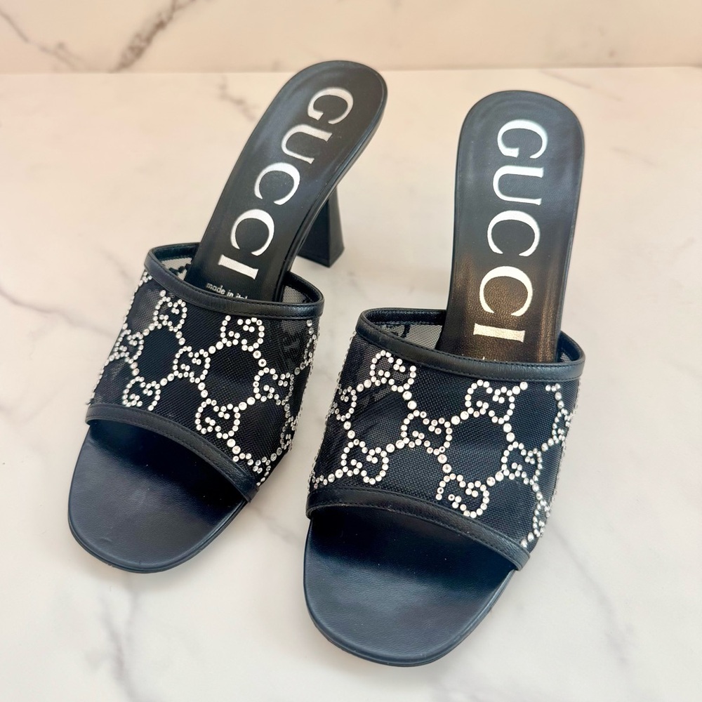 Gucci Black Demi Mesh Crystal Sandal Heels 38 - Picture 3 of 7